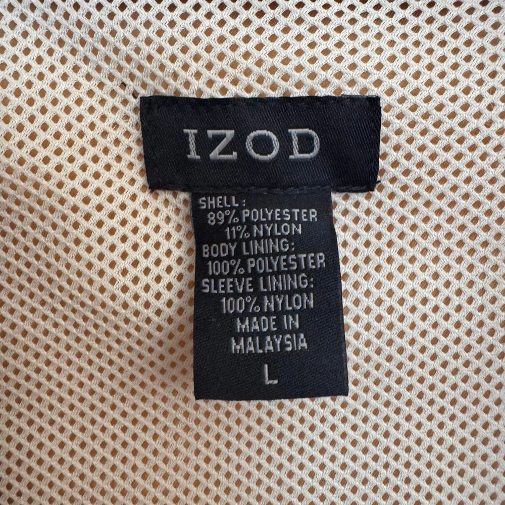 Izod Mens Windbreaker Jacket Tan Navy Blue Stripe Mesh Lined Full Zip Large‎